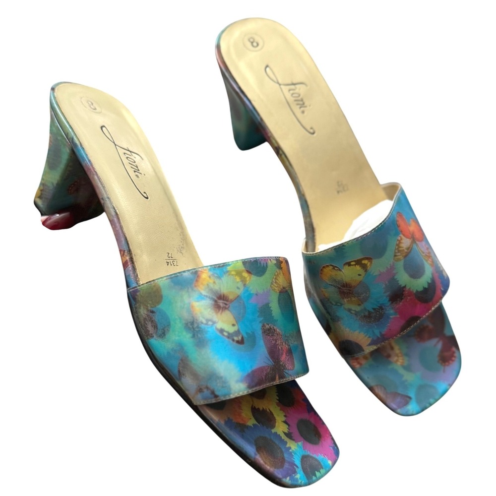 Vintage Fioni Butterfly Sunflower Slide Sandals Womens 8 Block Heel Y2K Mules
